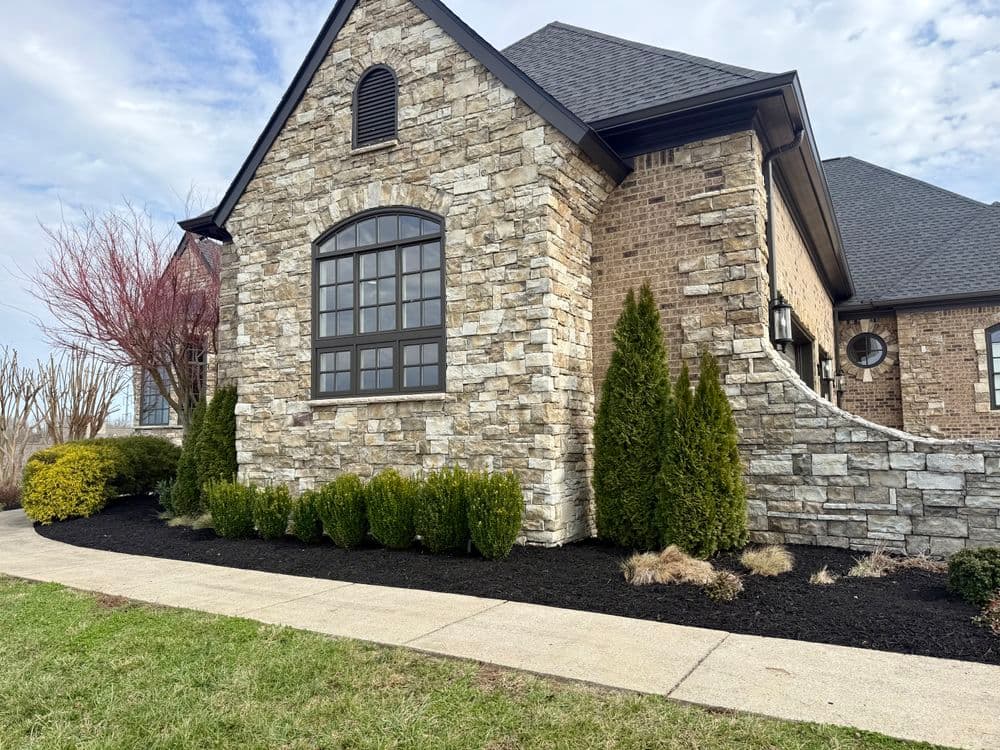 Stone exterior of a modern home with manicured shrubs and landscaped walkway.
